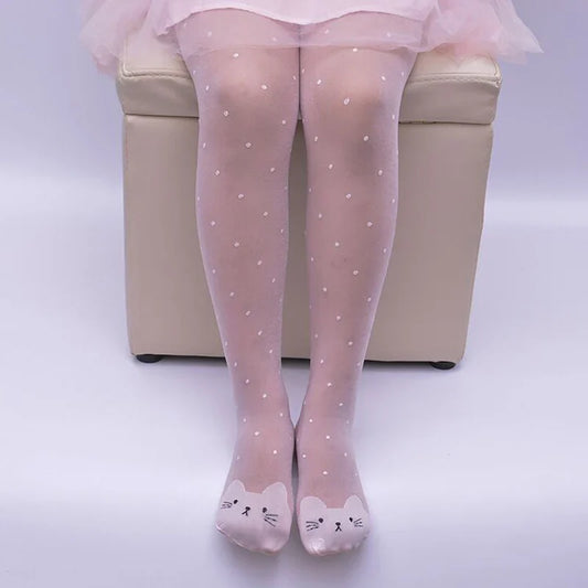 Adorable pink cat tights for girls, comfortable and stretchy, perfect for toddlers aged 1-9Y