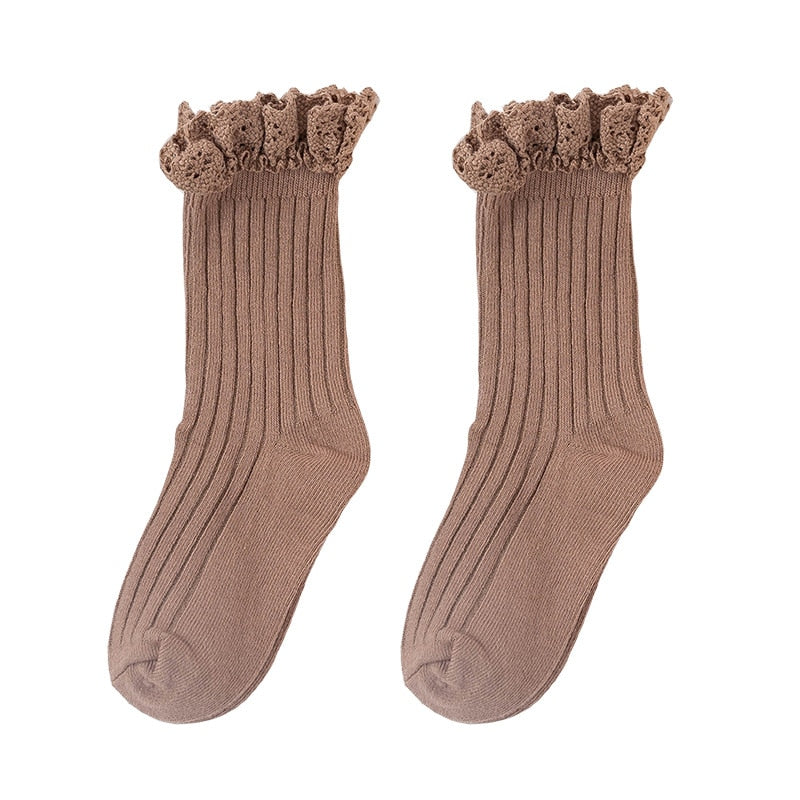 Light blue cotton ruffle mid-calf socks for girls, comfortable and stylish children's socks.