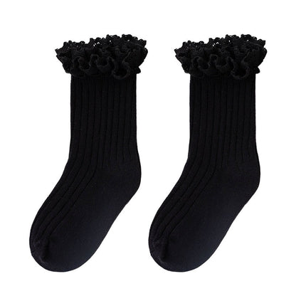 Set of assorted color cotton ruffle mid-calf socks for girls, includes pink, white, yellow, and blue options.