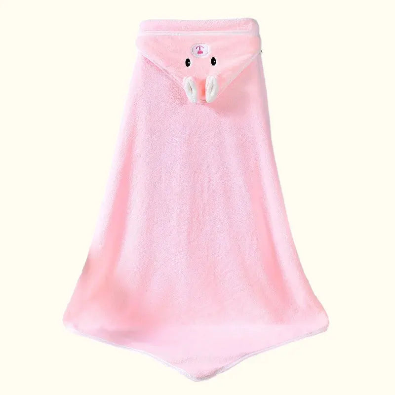 Adorable pink elephant hooded bath towel for babies, soft coral velvet fleece for cozy drying after bath.