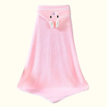 Adorable pink elephant hooded bath towel for babies, soft coral velvet fleece for cozy drying after bath.