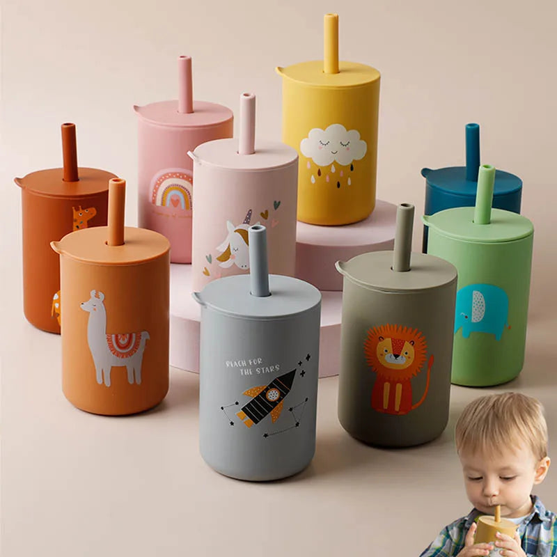 Adorable pink elephant silicone straw cup for toddlers, BPA-free baby feeding essential