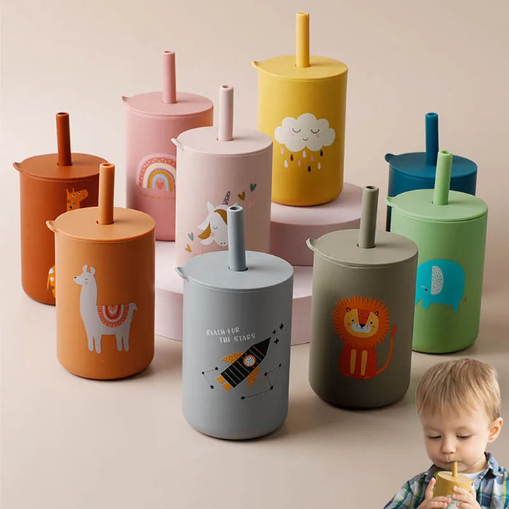 Adorable pink elephant silicone straw cup for toddlers, BPA-free baby feeding essential