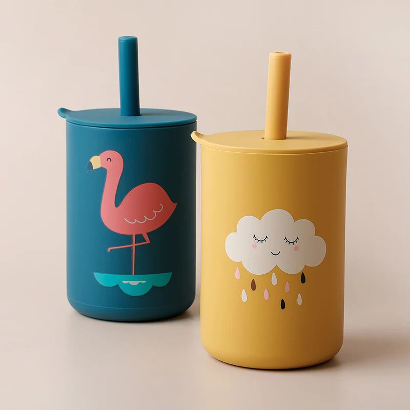 Perspective shot of multiple cartoon silicone straw cups in various colors