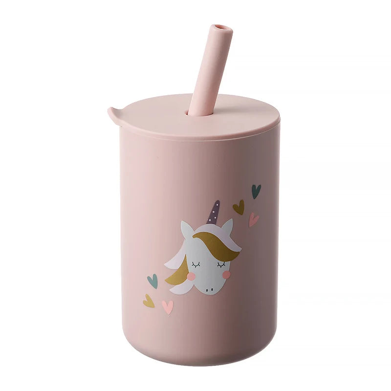 Detailed shot of a cartoon silicone straw cup's soft, flexible straw for infants