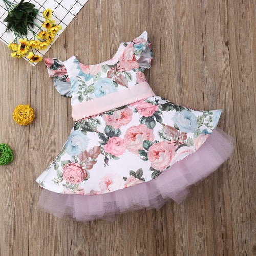 Adorable pink floral tutu dress for girls with elegant batwing sleeves, perfect for parties.