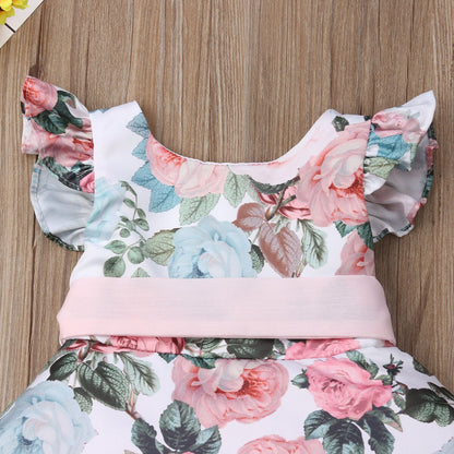 Pink floral girls' tutu dress with batwing sleeves, a charming and comfortable special occasion outfit.