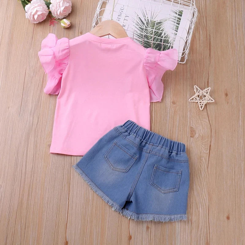 Summer cotton-blend clothing set for girls: pink butterfly sleeve top and shorts, stylish toddler fashion.