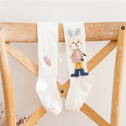 Girls' cartoon rabbit patterned knitted pantyhose in a lovely shade of pink, essential for kids' wardrobes.