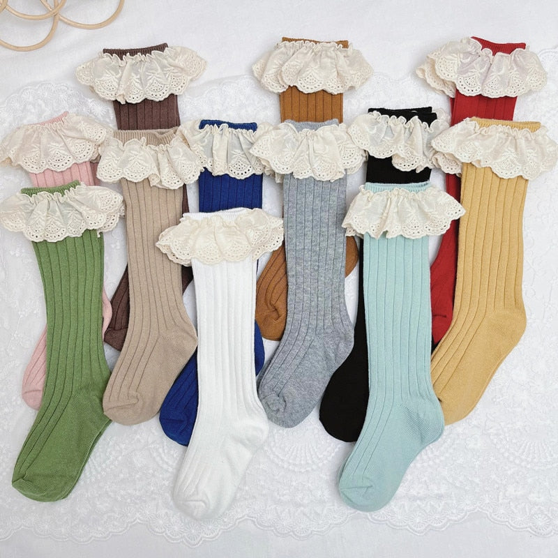Adorable pink lace frilly flower cotton socks for baby girls, perfect toddler footwear