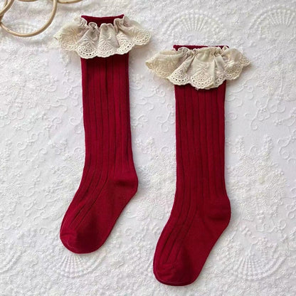 Sweet red lace frilly flower cotton socks for infants, suitable for special occasions