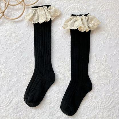 Variety pack of girls' lace frilly flower cotton socks in pink, white, and yellow