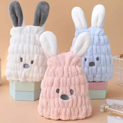 Adorable pink rabbit quick-dry microfiber hair towel wrap for girls, perfect for toddlers after bath time.
