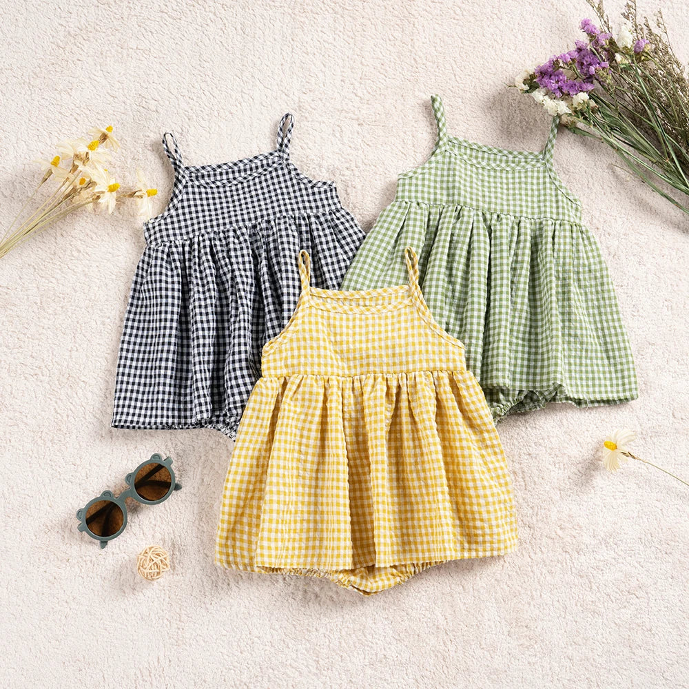 Adorable plaid cotton romper dress for infant girls, perfect for summer comfort and easy wear