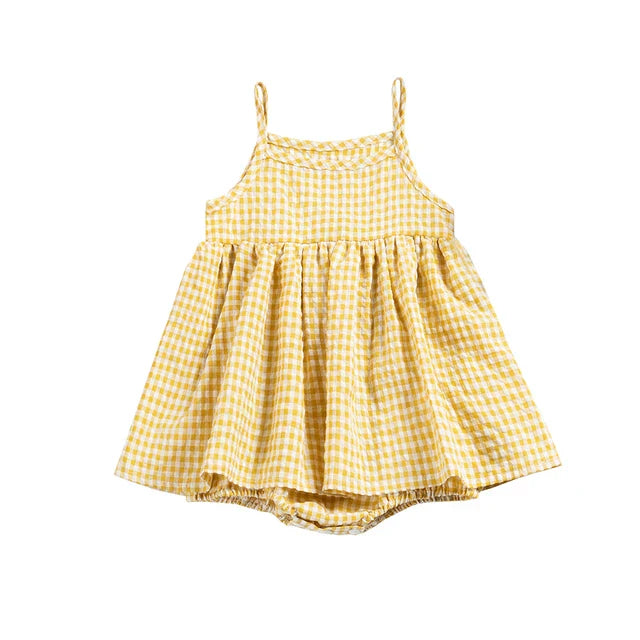 Girls' cotton plaid romper dress with delicate button details, comfortable baby clothing