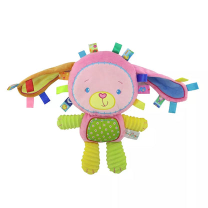Close-up of a soft giraffe baby bell plush sensory toy, perfect for infant development.