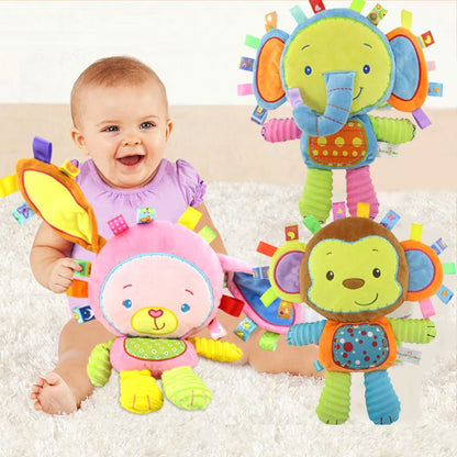 Soft giraffe baby bell plush toy, sensory infant gift designed for newborn early development.