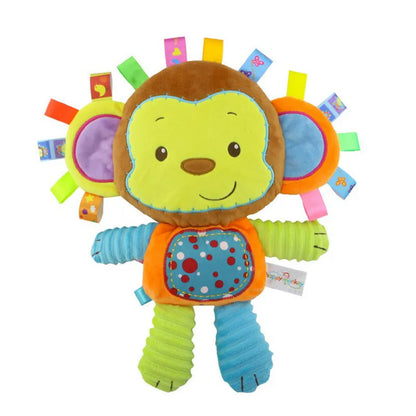 Collection of baby animal bell plush sensory toys, a colorful set for newborn development.