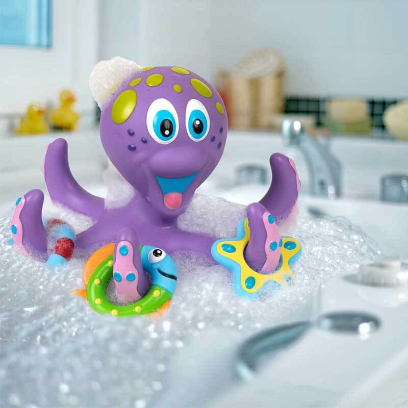 Adorable purple octopus bath ring toss game, BPA free toddler sensory play toy