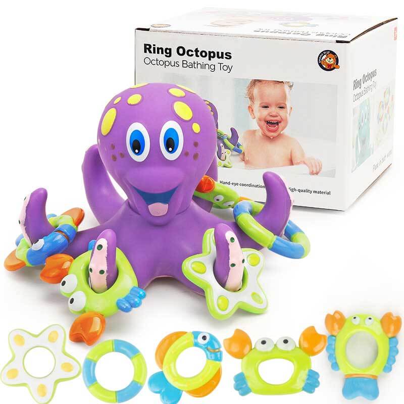 Octopus bath toy with smiling face, designed for safe and fun toddler water play