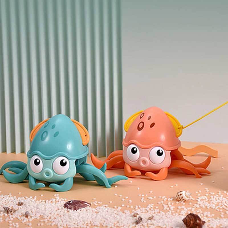 Vibrant wind-up octopus bath toy in blue bathtub water