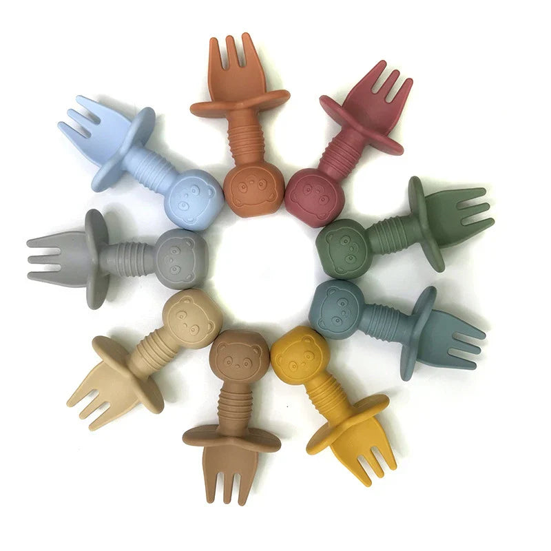 Close-up of BPA-free silicone bear baby spoon, designed for little hands and safe feeding