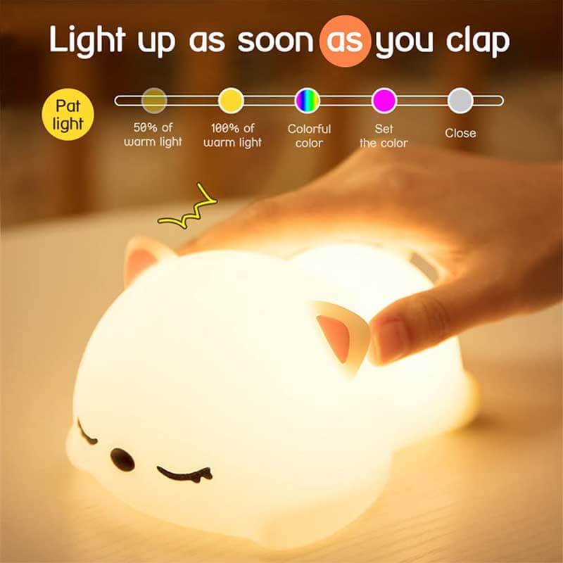 Infant-friendly sleepy cat LED night light, a gentle sensory light for toddlers and kids.