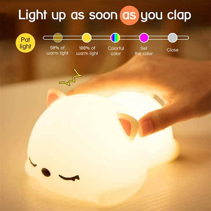 Infant-friendly sleepy cat LED night light, a gentle sensory light for toddlers and kids.
