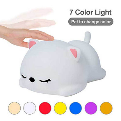 Sweet sleepy cat LED night light, designed for children's bedrooms and nursery decor, easy to use.