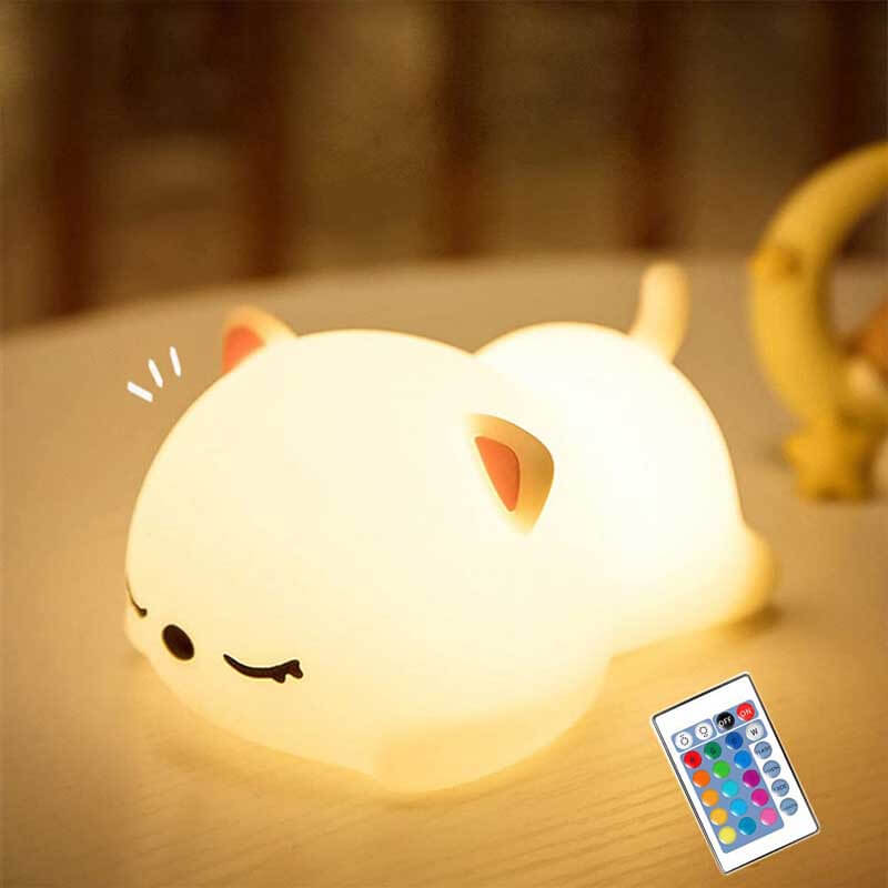Relaxing sleepy cat LED night light, providing a warm, soft glow for a peaceful kids' bedtime.
