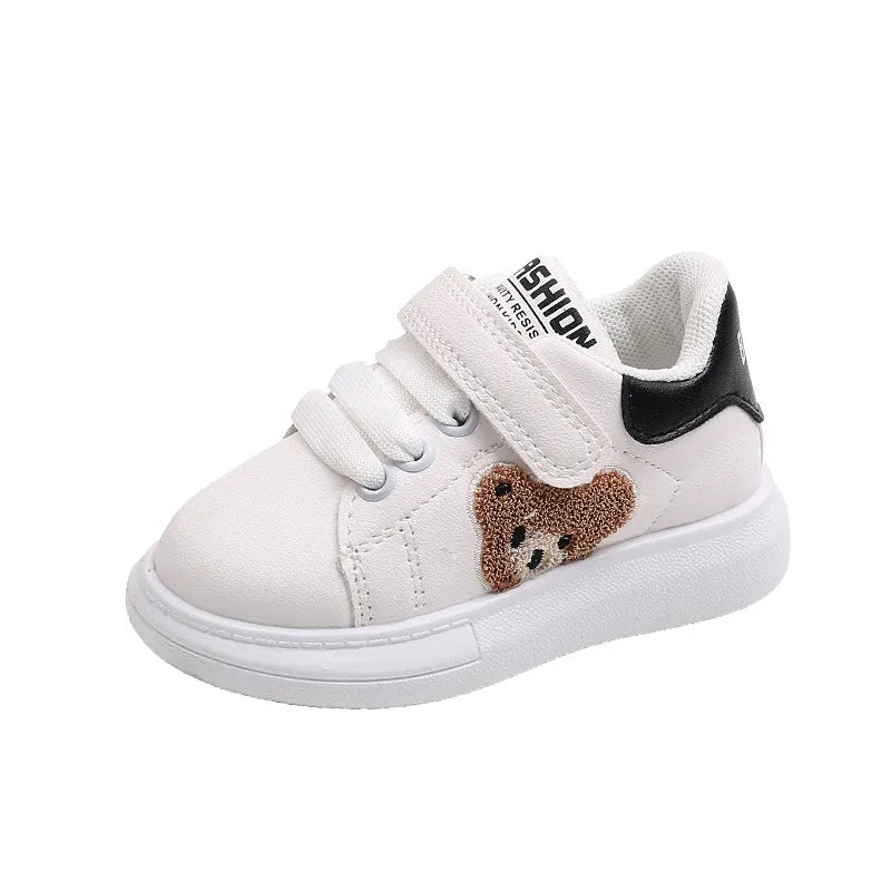 Adorable toddler bear sneakers brown with white sole, comfortable hook-and-loop closure for easy wear.