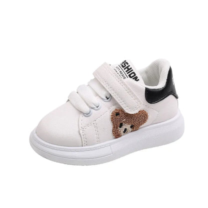 Adorable toddler bear sneakers brown with white sole, comfortable hook-and-loop closure for easy wear.