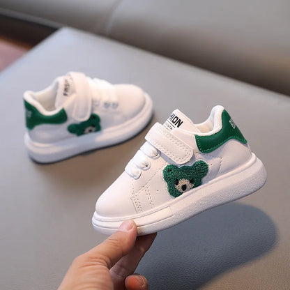 Cute baby bear sneakers for boys & girls (1-6 years), grey fabric with playful bear face detailing.