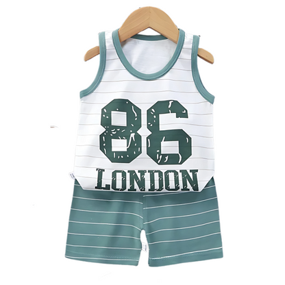 Full view of a kids' blue cotton sleeveless top and shorts set, ideal for baby boy fashion.