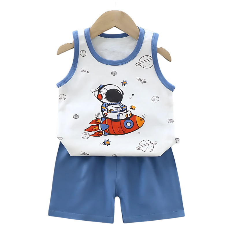 Kids' cotton playwear set in vibrant blue, featuring a sleeveless top and shorts for active toddlers.