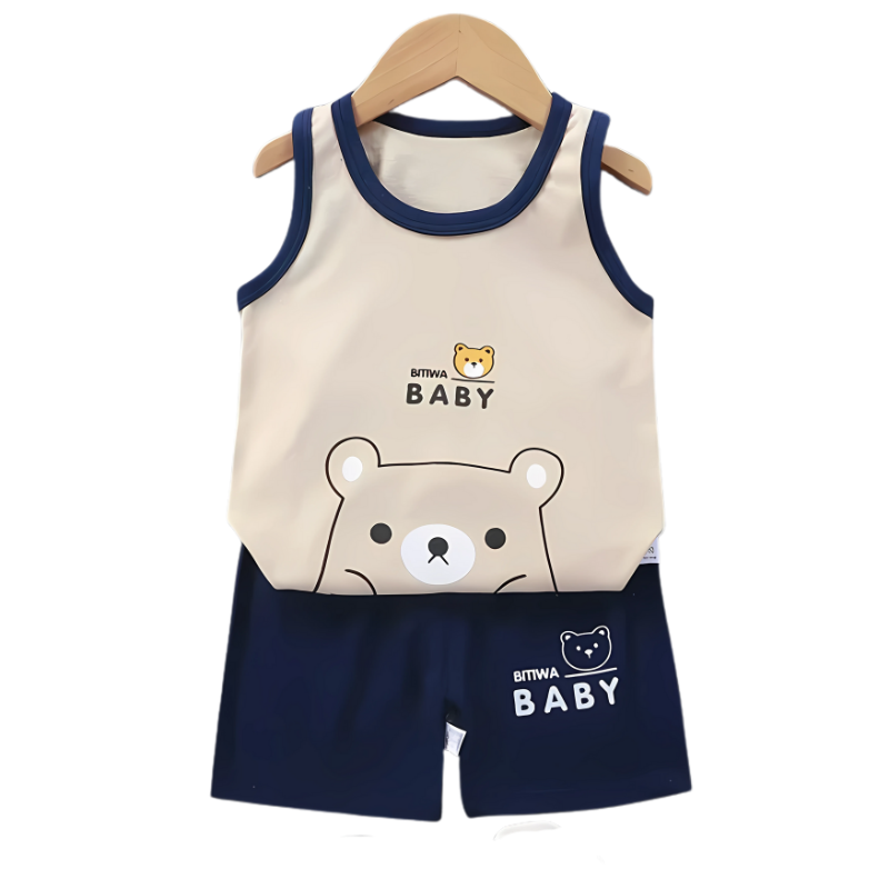 Stylish boys' summer outfit: blue cotton sleeveless top with coordinating play shorts, soft fabric.