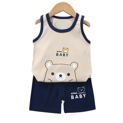 Stylish boys' summer outfit: blue cotton sleeveless top with coordinating play shorts, soft fabric.