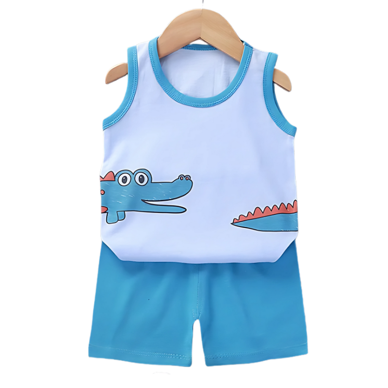 Comfortable kids' two-piece cotton play set, sleeveless top and shorts in blue for everyday toddler wear.