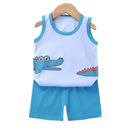 Comfortable kids' two-piece cotton play set, sleeveless top and shorts in blue for everyday toddler wear.