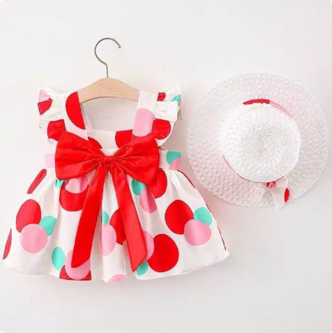 High-quality fruit print summer dress for toddlers made from breathable cotton, accompanied by a straw hat
