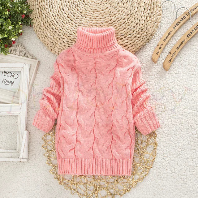 Machine-washable teddy bear turtleneck sweater for kids, durable toddler apparel.