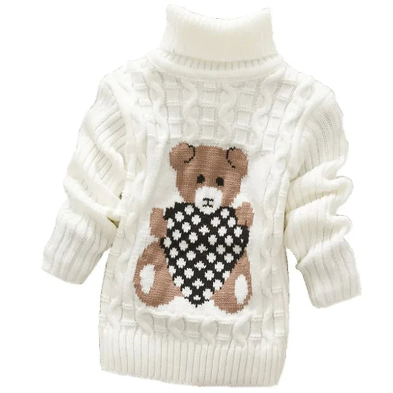 Kids' red teddy bear turtleneck sweater, soft and warm for winter playtime.