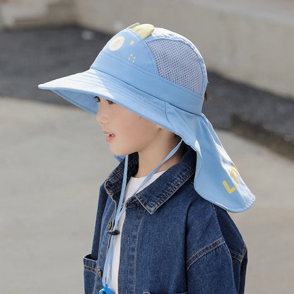 Overhead view of a yellow adjustable wide-brim sun hat, essential UV protection for kids and toddlers