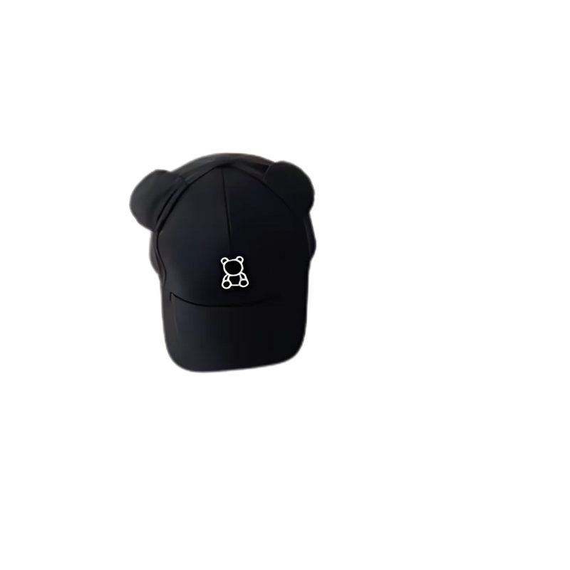 Close-up of a kids' adjustable cotton blend baseball cap featuring cute teddy bear ears, ideal for summer