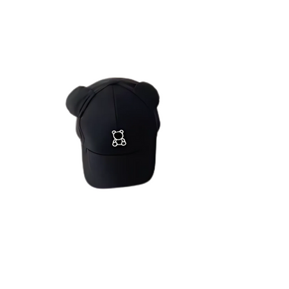 Close-up of a kids' adjustable cotton blend baseball cap featuring cute teddy bear ears, ideal for summer