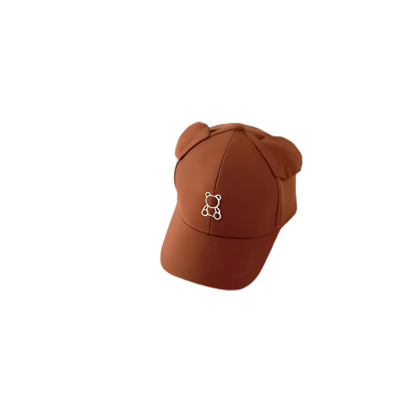 Front view of a child's sun protection baseball cap with whimsical teddy bear ears, great for toddlers