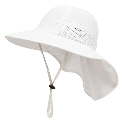Collection of various colored adjustable sun protection bucket hats for children, lined up neatly for display.