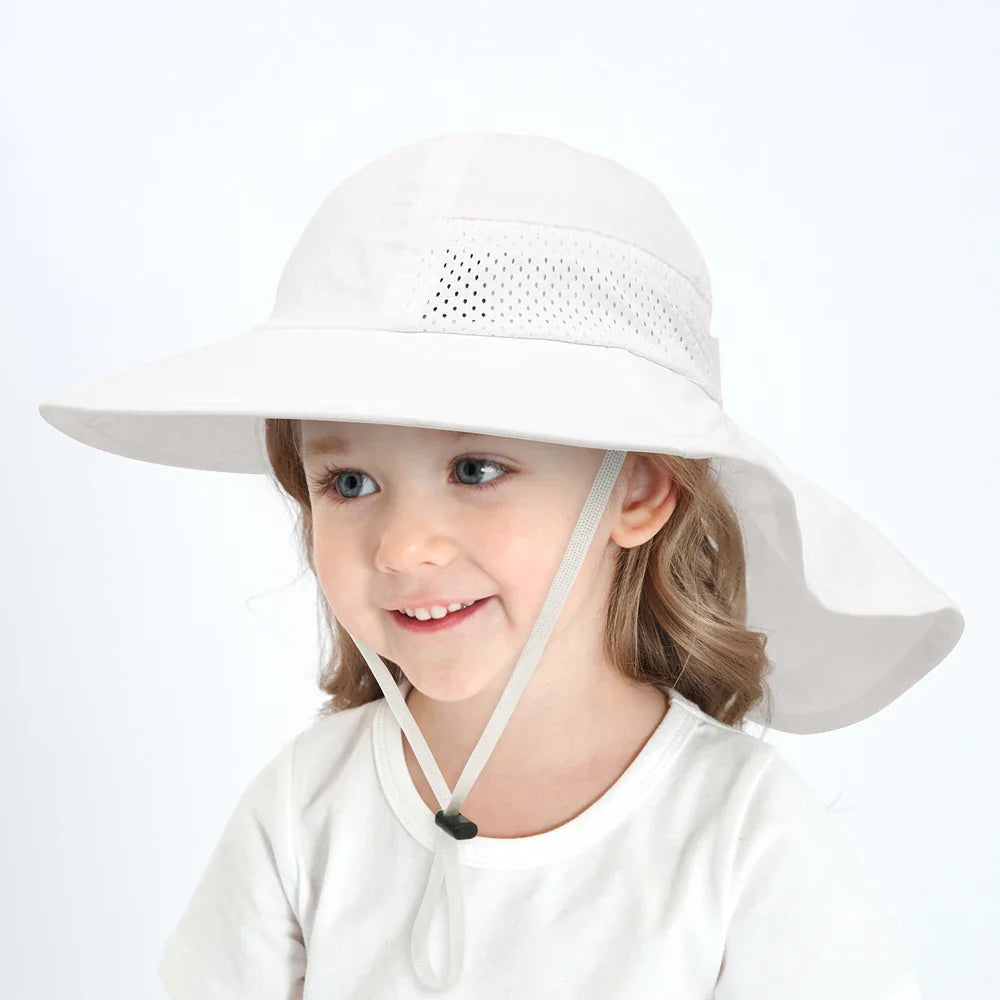 Yellow adjustable sun protection bucket hat for kids, perfect for UV protection, shown on a white background.