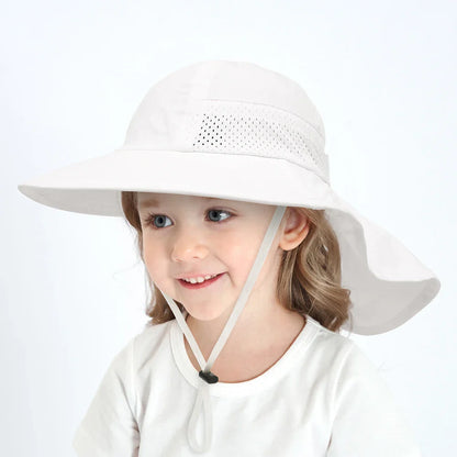 Yellow adjustable sun protection bucket hat for kids, perfect for UV protection, shown on a white background.