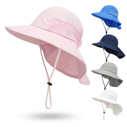 Overhead shot of a unisex adjustable sun protection bucket hat in beige, highlighting its wide brim.